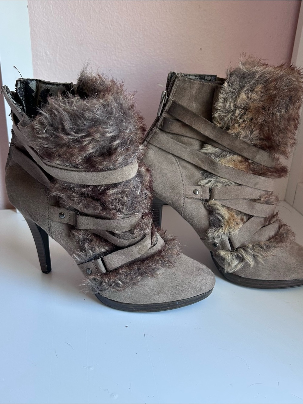Kohl's Taupe Faux Fur Strappy Heeled Ankle Boots